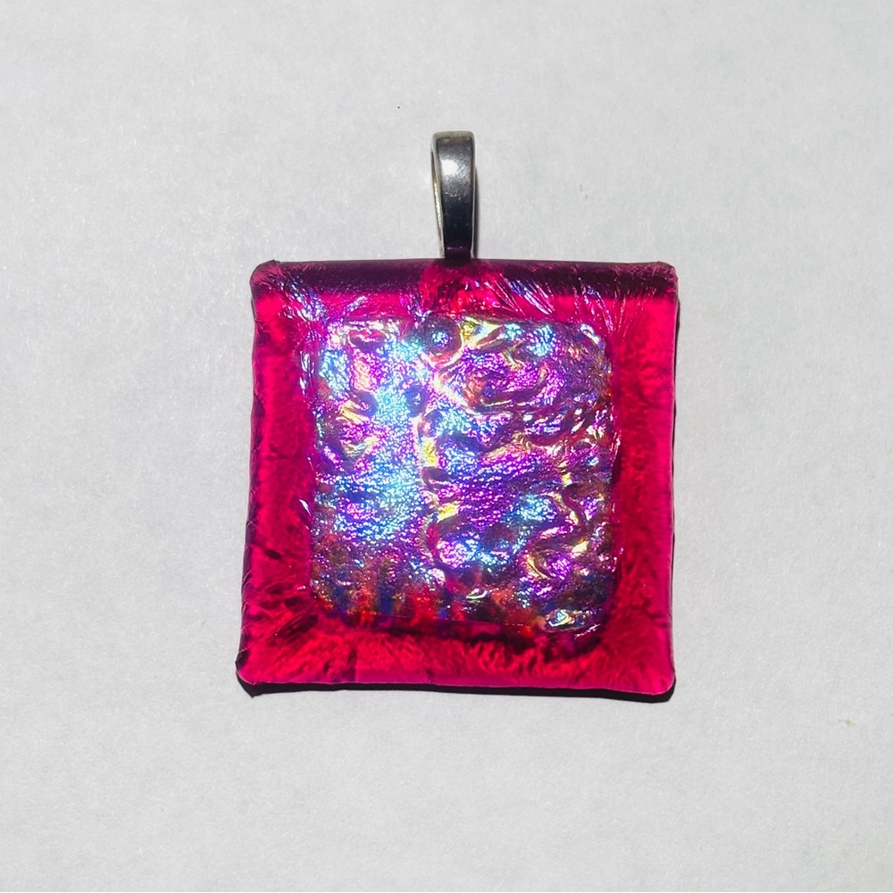Pink Iridescent Square Glass Pendant Necklace